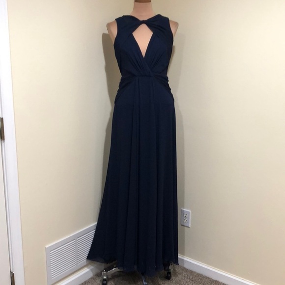 Badgley Mischka Petunia Dress Size 2 Navy Blue Twist Cut Out Open Back Gown - Picture 2 of 10